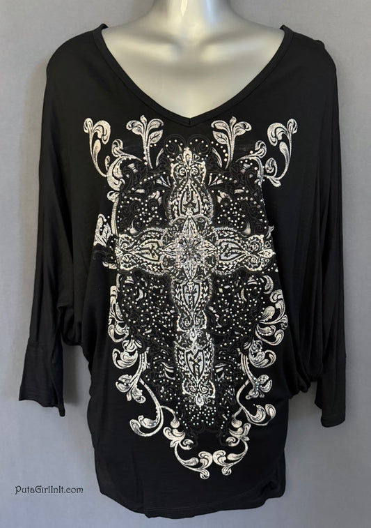 Vocal Black Crystal Cross Divine Elegance Dolman Shirt