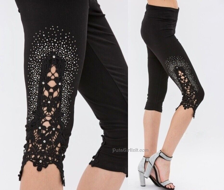 Vocal Apparel Lace Kissed Crystal Capri Leggings