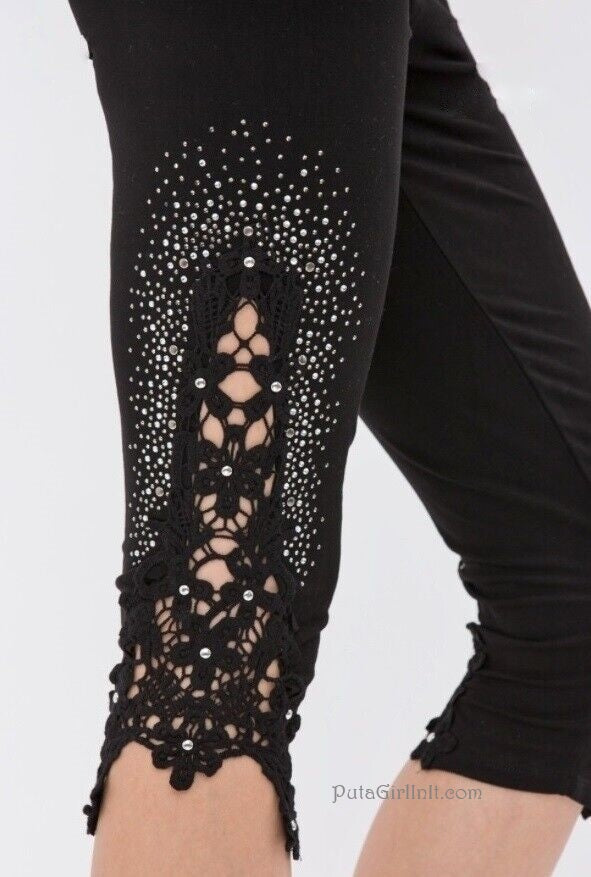 Vocal Apparel Lace Kissed Crystal Capri Leggings