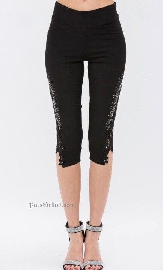 Vocal Apparel Lace Kissed Crystal Capri Leggings