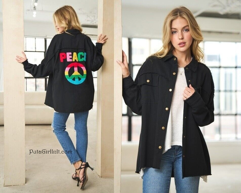 Womens Black Rainbow Peace Sign Distressed Oversized Utility Boyfriend Shacket