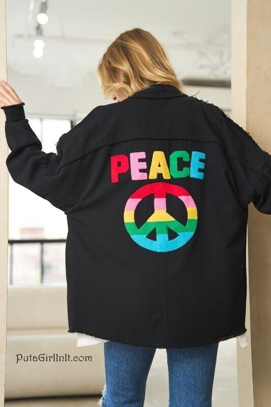 Womens Black Rainbow Peace Sign Distressed Oversized Utility Boyfriend Shacket