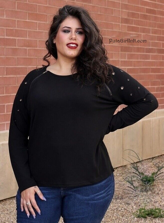 Vocal Apparel Womens Plus Size Black Eyelet Elegance Zipper Long Sleeve Shirt