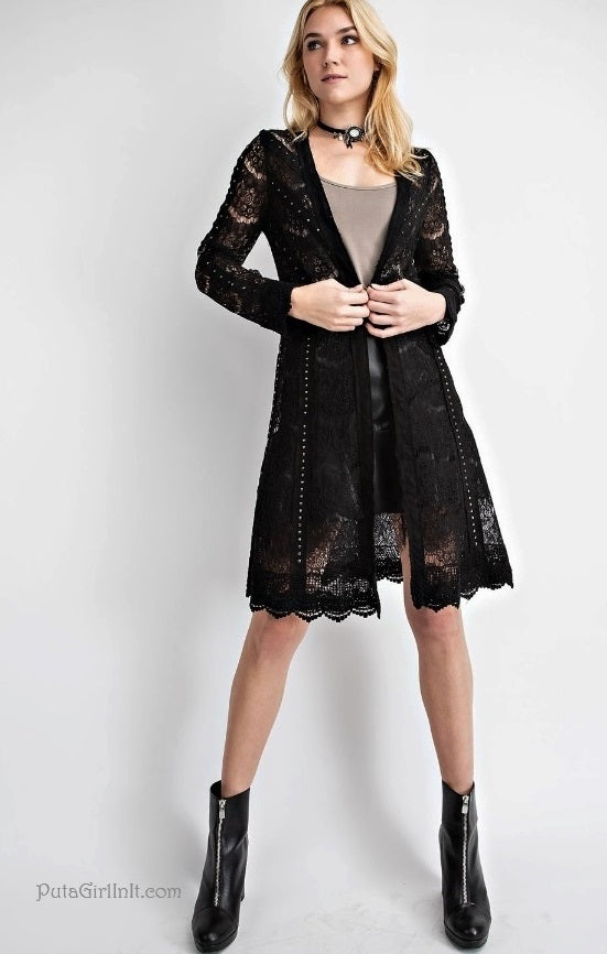 Vocal Lace & Grace Black Studded Suede Cardi-Chic Cardigan