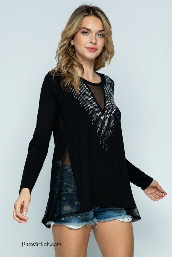 Vocal Apparel Black Twilight Cascade Crystal Tunic Shirt