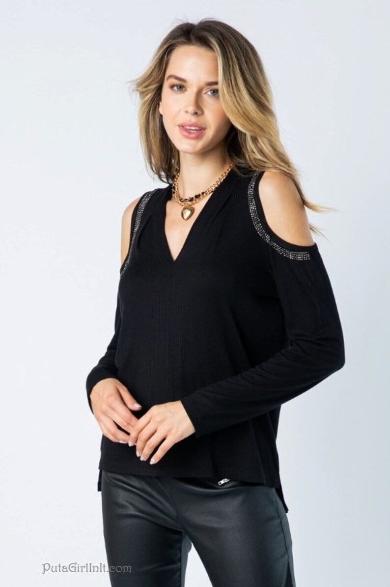 Vocal Apparel Black Twilight Glamour Cold Shoulder Shirt