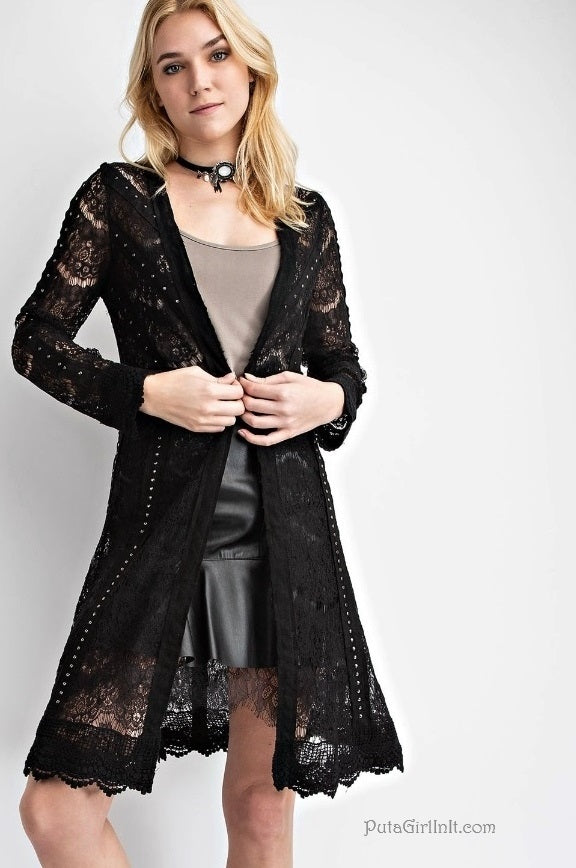 Vocal Lace & Grace Black Studded Suede Cardi-Chic Cardigan