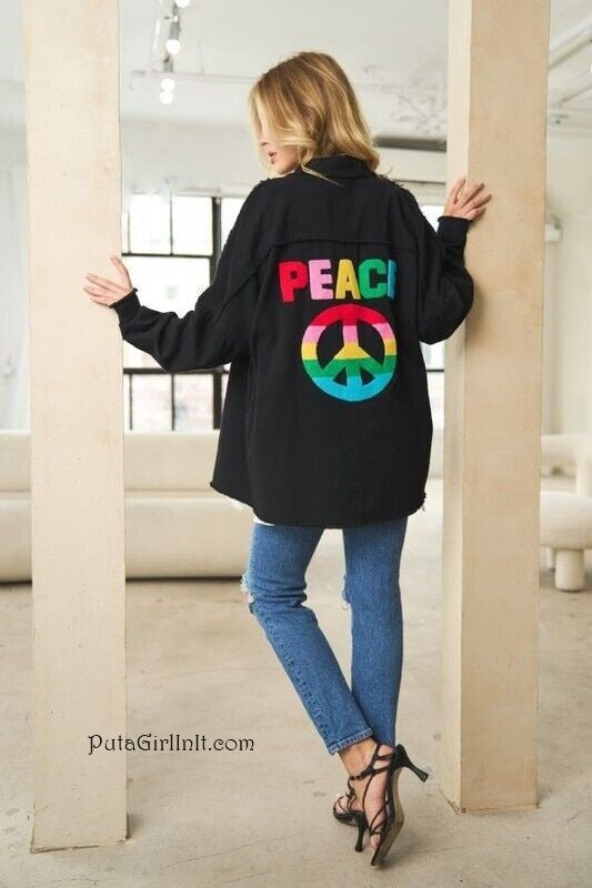 Womens Black Rainbow Peace Sign Distressed Oversized Utility Boyfriend Shacket