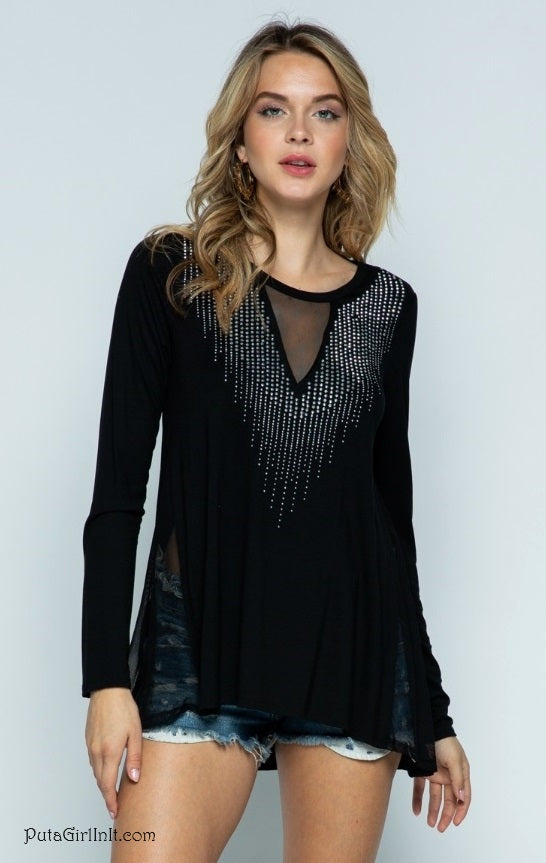 Vocal Apparel Black Twilight Cascade Crystal Tunic Shirt