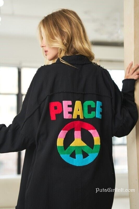 Womens Black Rainbow Peace Sign Distressed Oversized Utility Boyfriend Shacket