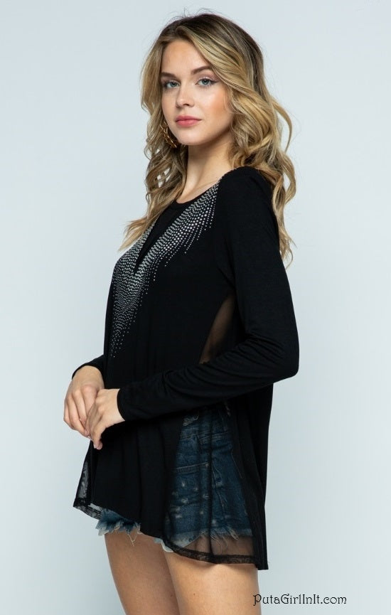 Vocal Apparel Black Twilight Cascade Crystal Tunic Shirt