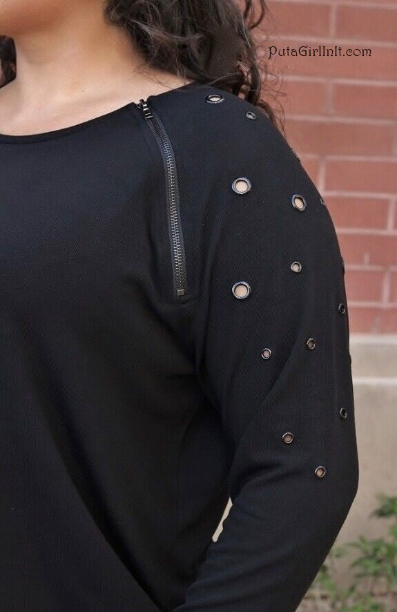 Vocal Apparel Womens Plus Size Black Eyelet Elegance Zipper Long Sleeve Shirt