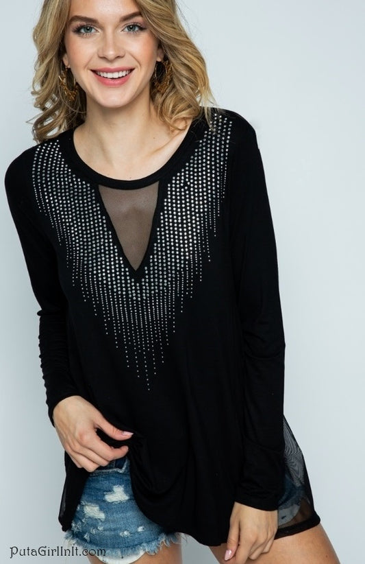 Vocal Apparel Black Twilight Cascade Crystal Tunic Shirt