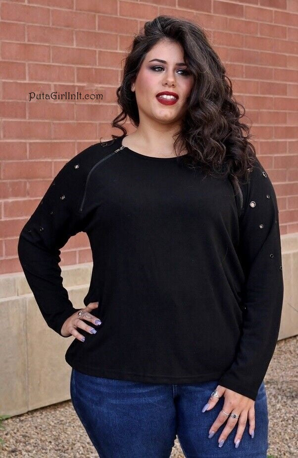 Vocal Apparel Womens Plus Size Black Eyelet Elegance Zipper Long Sleeve Shirt