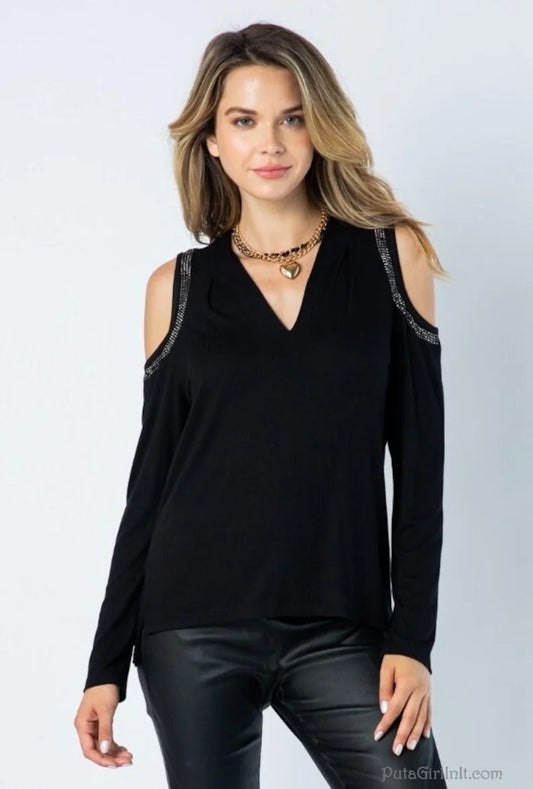 Vocal Apparel Black Twilight Glamour Cold Shoulder Shirt