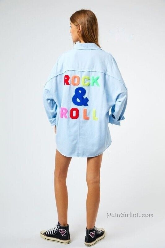 Womens Sky Blue Rainbow Rock & Roll Distressed Oversized Utility Boyfriend Shacket