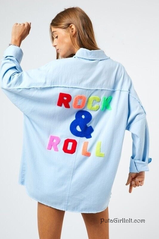 Womens Sky Blue Rainbow Rock & Roll Distressed Oversized Utility Boyfriend Shacket