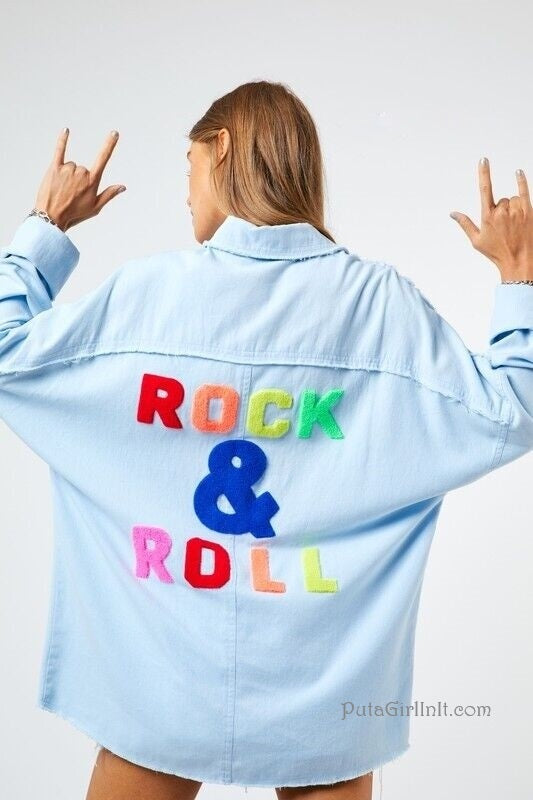 Womens Sky Blue Rainbow Rock & Roll Distressed Oversized Utility Boyfriend Shacket