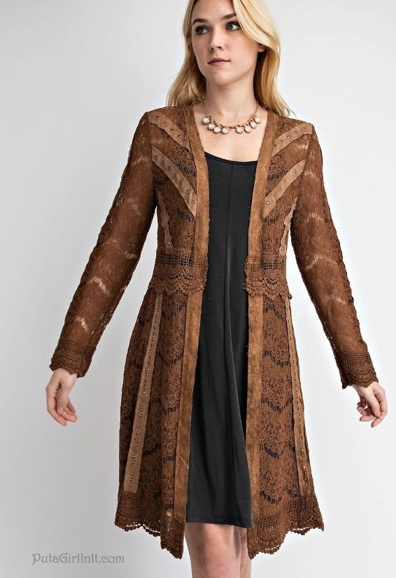 Vocal Lace & Grace Camel Studded Suede Cardi-Chic Cardigan