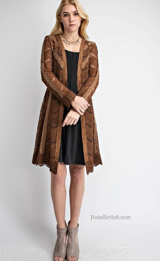 Vocal Lace & Grace Camel Studded Suede Cardi-Chic Cardigan