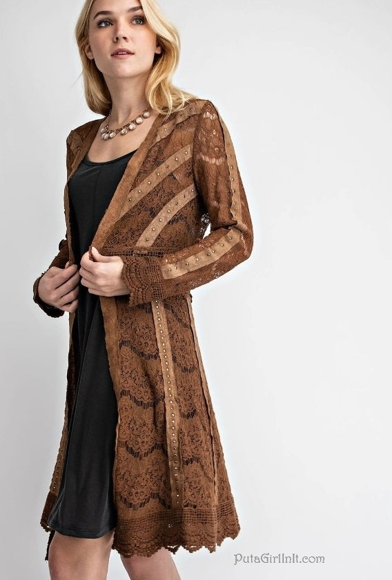 Vocal Lace & Grace Camel Studded Suede Cardi-Chic Cardigan