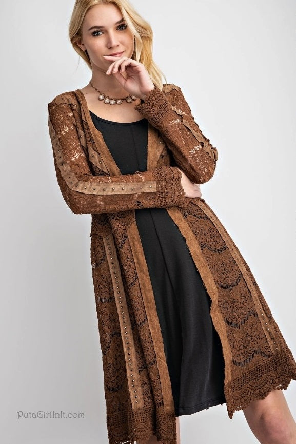 Vocal Lace & Grace Camel Studded Suede Cardi-Chic Cardigan