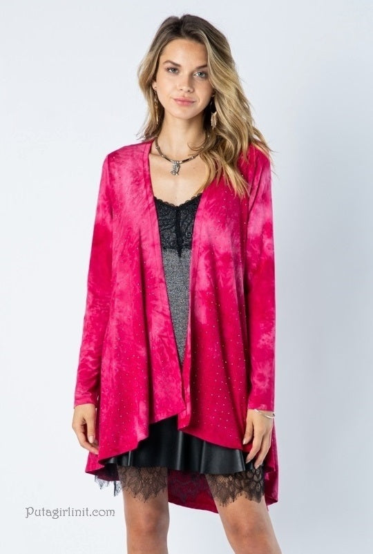 Vocal Pink Blushing Gems Crystal Tie Dye Cardigan