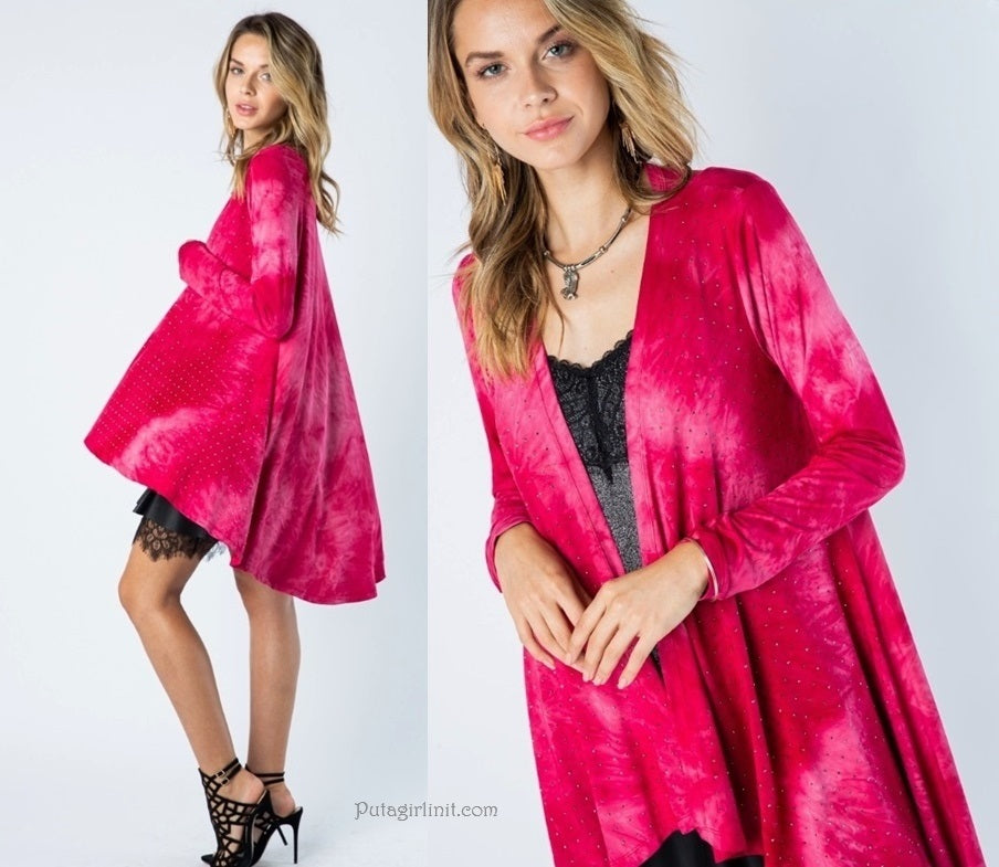 Vocal Pink Blushing Gems Crystal Tie Dye Cardigan