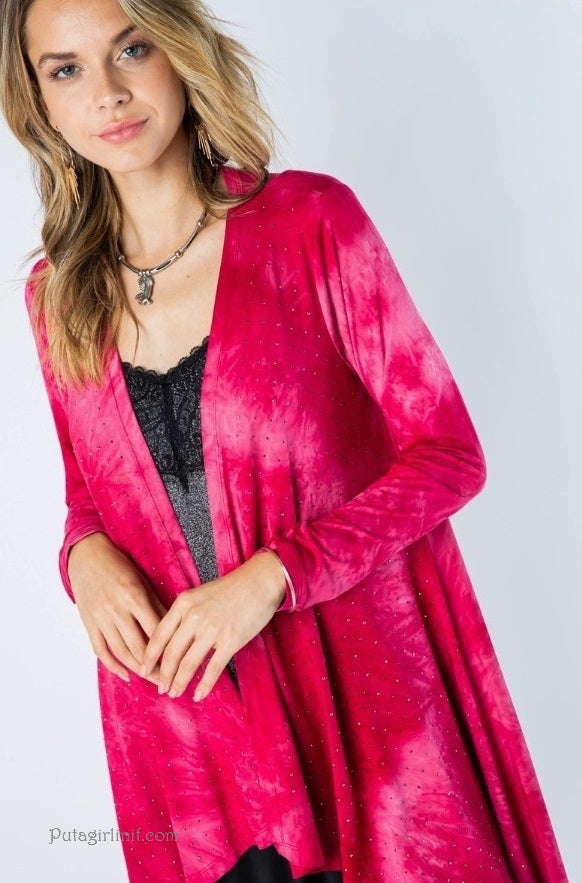 Vocal Pink Blushing Gems Crystal Tie Dye Cardigan