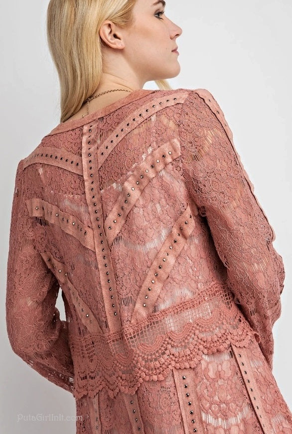 Vocal Lace & Grace Mauve Studded Suede Cardi-Chic Cardigan