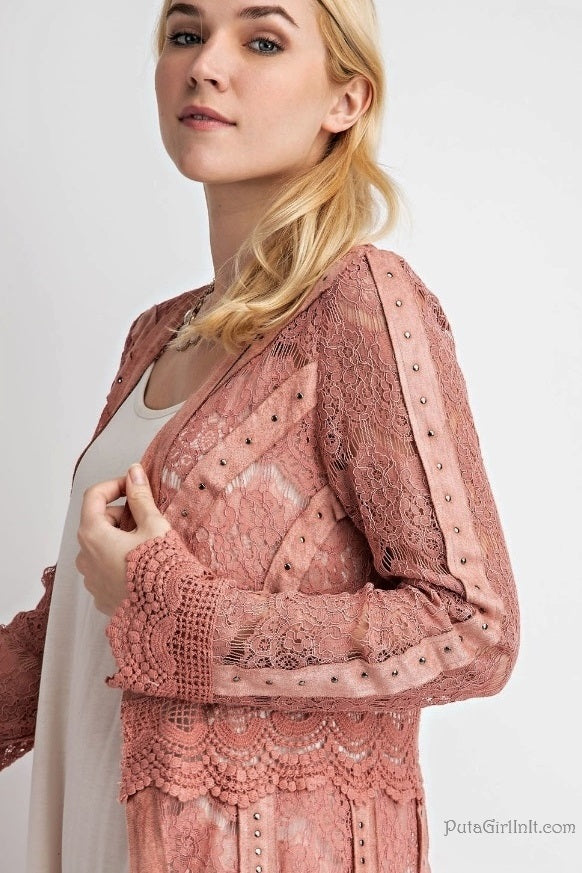 Vocal Lace & Grace Mauve Studded Suede Cardi-Chic Cardigan