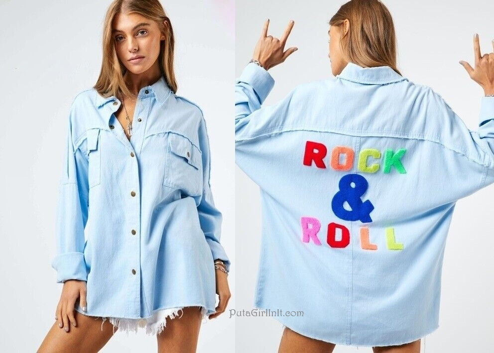 Womens Sky Blue Rainbow Rock & Roll Distressed Oversized Utility Boyfriend Shacket