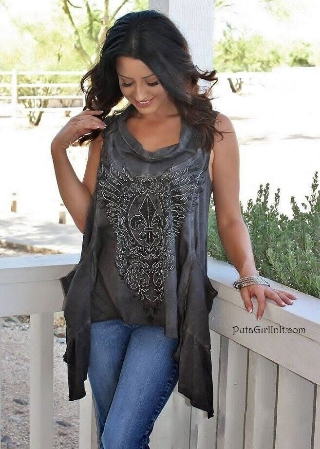 Vocal Apparel Crystal Gray Fleur De Lis Slouchy Tank Tunic