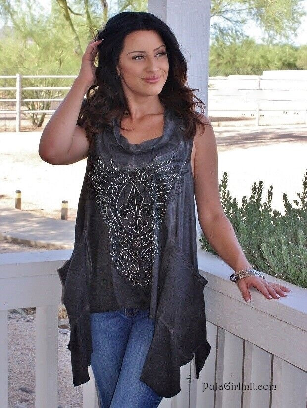 Vocal Apparel Crystal Gray Fleur De Lis Slouchy Tank Tunic