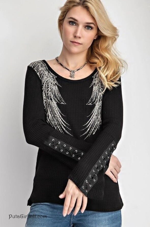 Vocal Apparel Black Ethereal Lace Up Crystal Wings Long Sleeve Shirt