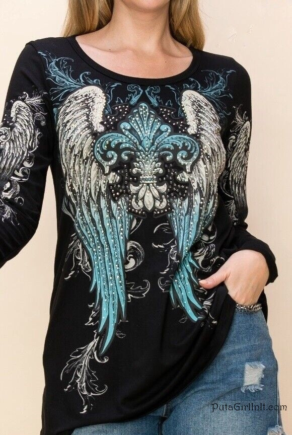 Vocal Apparel Black Midnight Gaurdian Angel Wings Long Sleeve Shirt