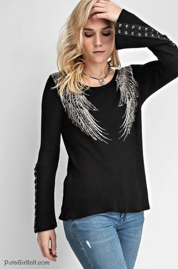 Vocal Apparel Black Ethereal Lace Up Crystal Wings Long Sleeve Shirt